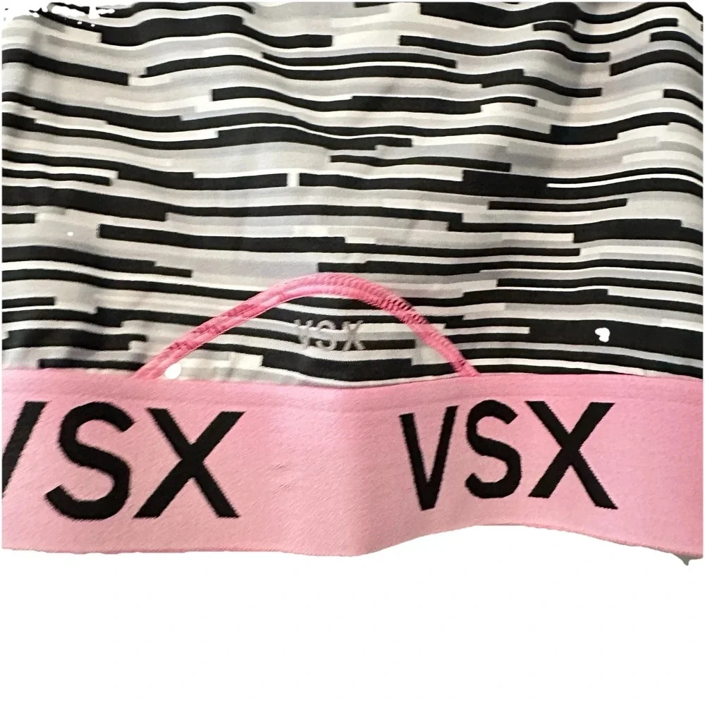 Victoria Secret VSX Sports Bra Pink Black Heather Band Logo Racerback‎ Sz Small
